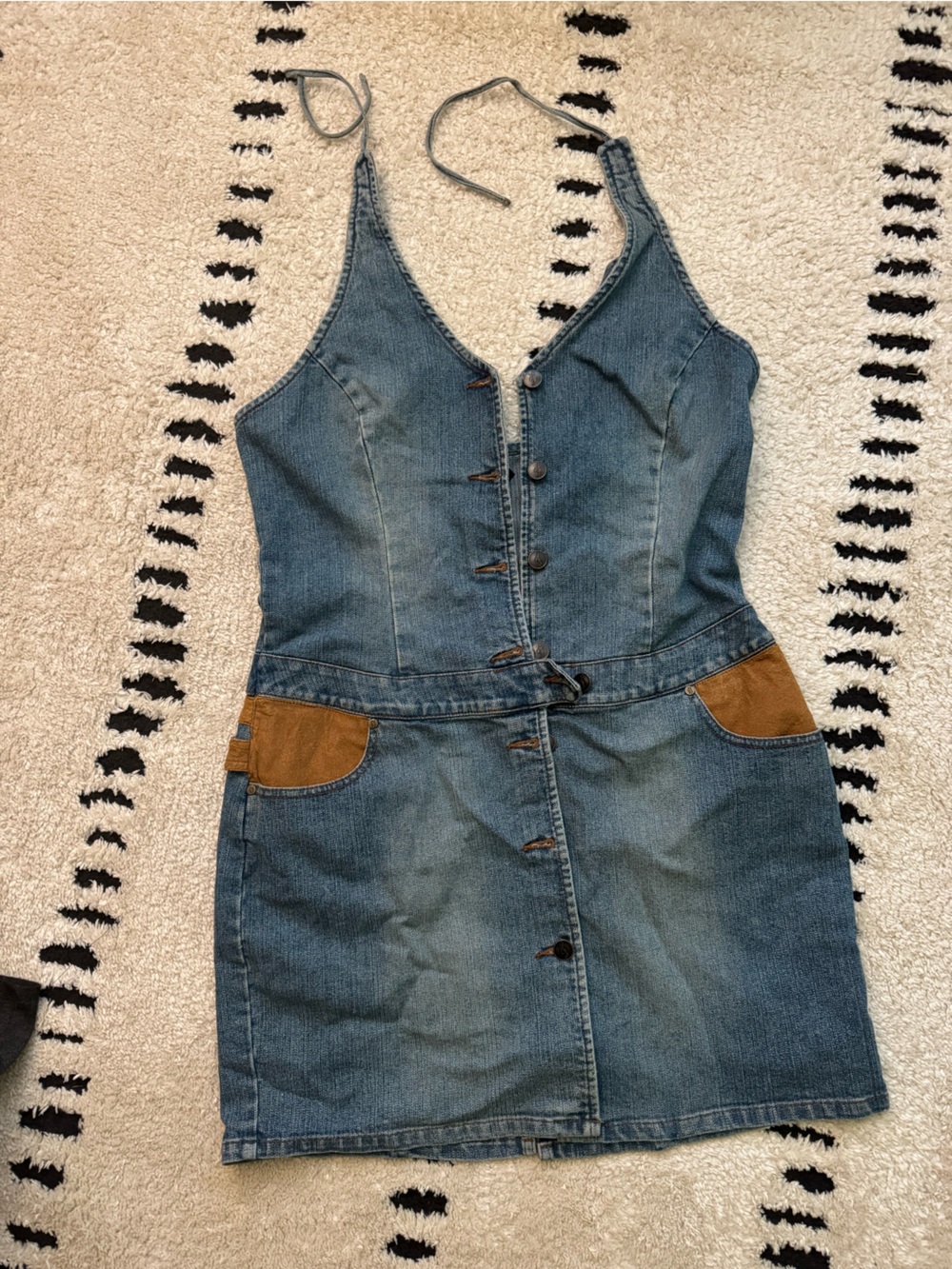 FUBU Blue Denim Button Halter Dress with Brown Suede Accents
